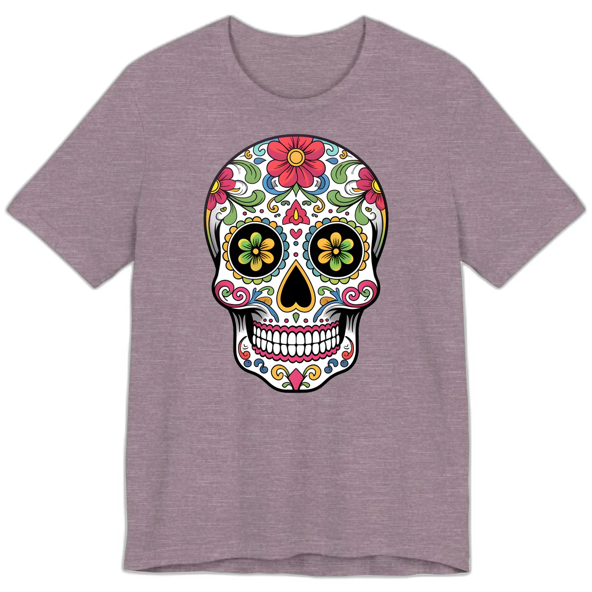 Vibrant Floral Calavera Sugar Skull Premium T-Shirt in Heather Purple