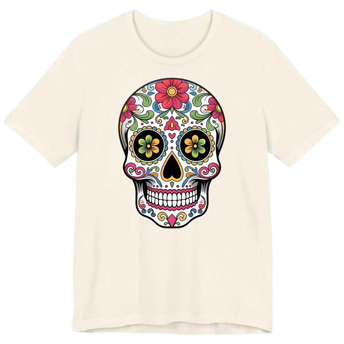 Vibrant Floral Calavera Sugar Skull Premium T-Shirt in Natural
