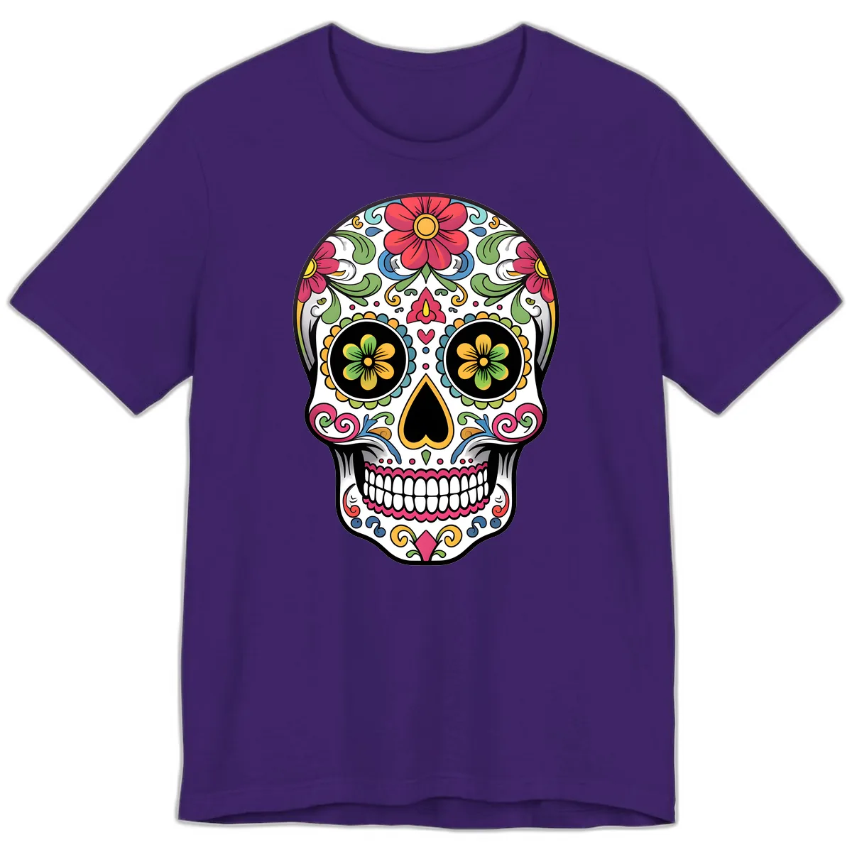 Vibrant Floral Calavera Sugar Skull Premium T-Shirt in Team Purple
