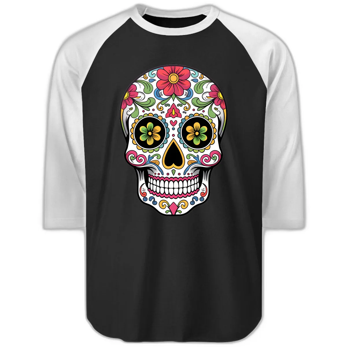 Vibrant Floral Calavera Sugar Skull Raglan 3/4 in Black White