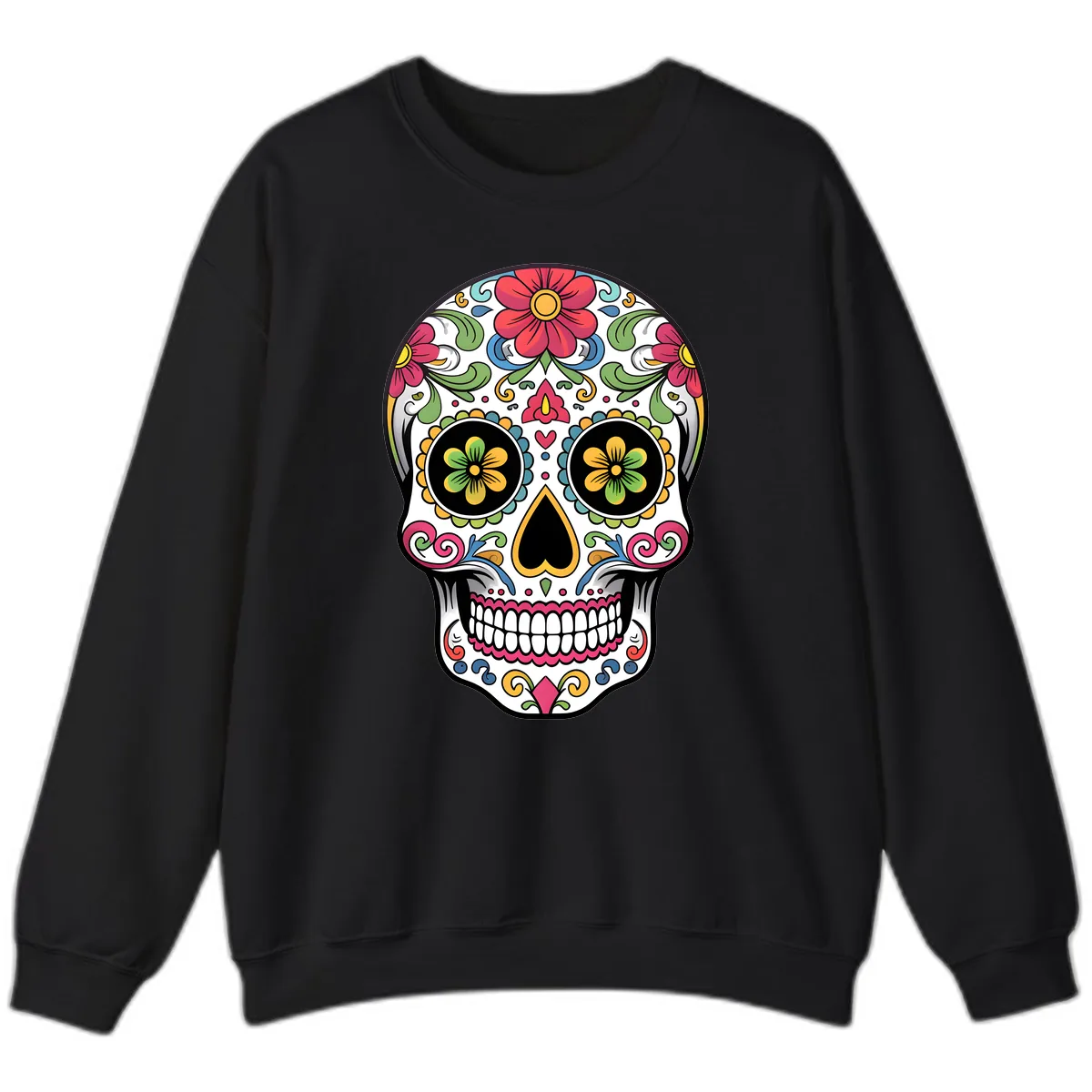 Vibrant Floral Calavera Sugar Skull Sweatshirt in Black