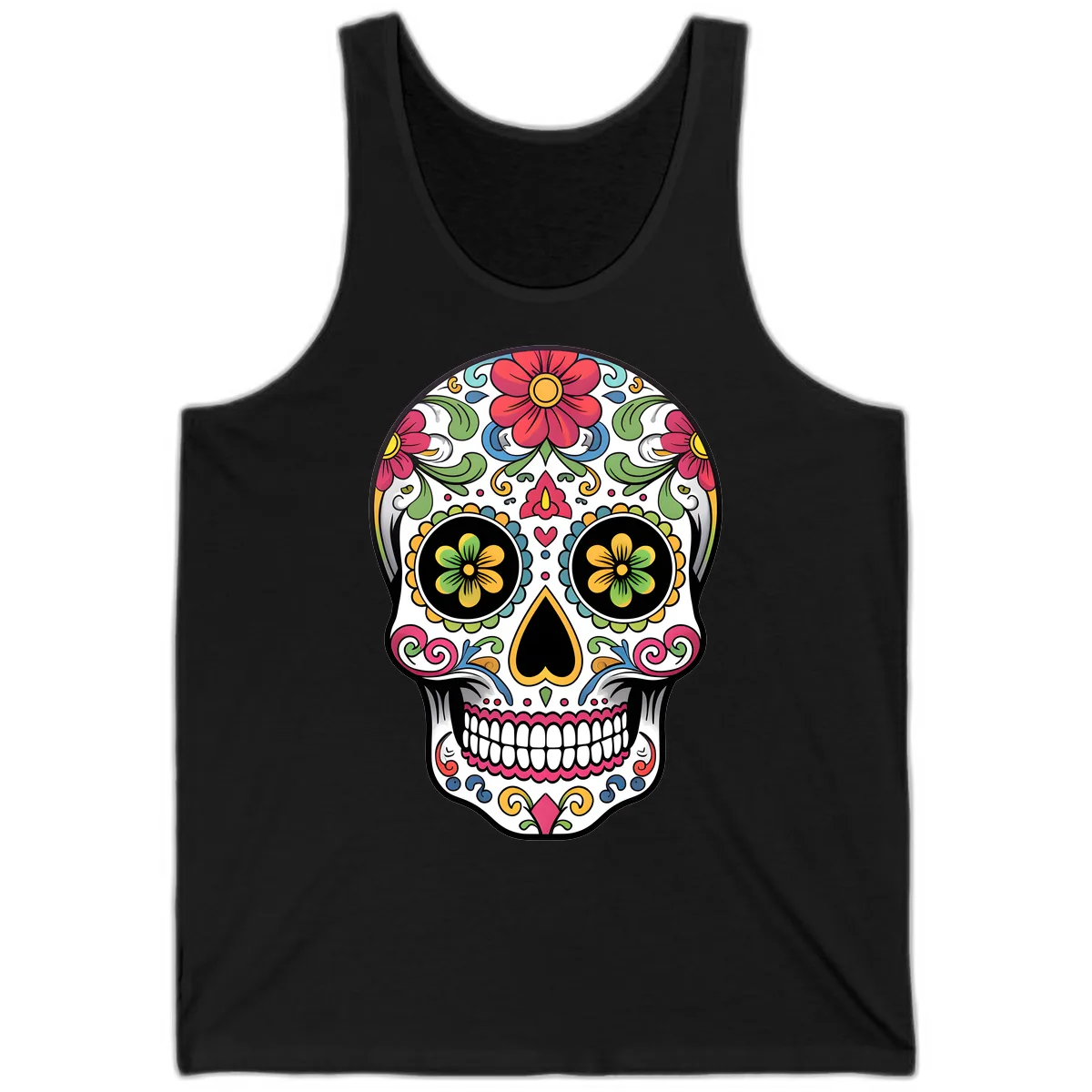 Vibrant Floral Calavera Sugar Skull Tank in Black