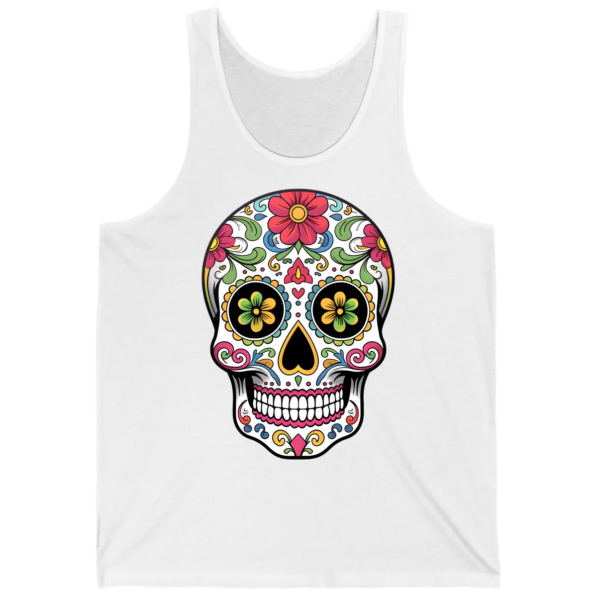 Vibrant Floral Calavera Sugar Skull Tank in White