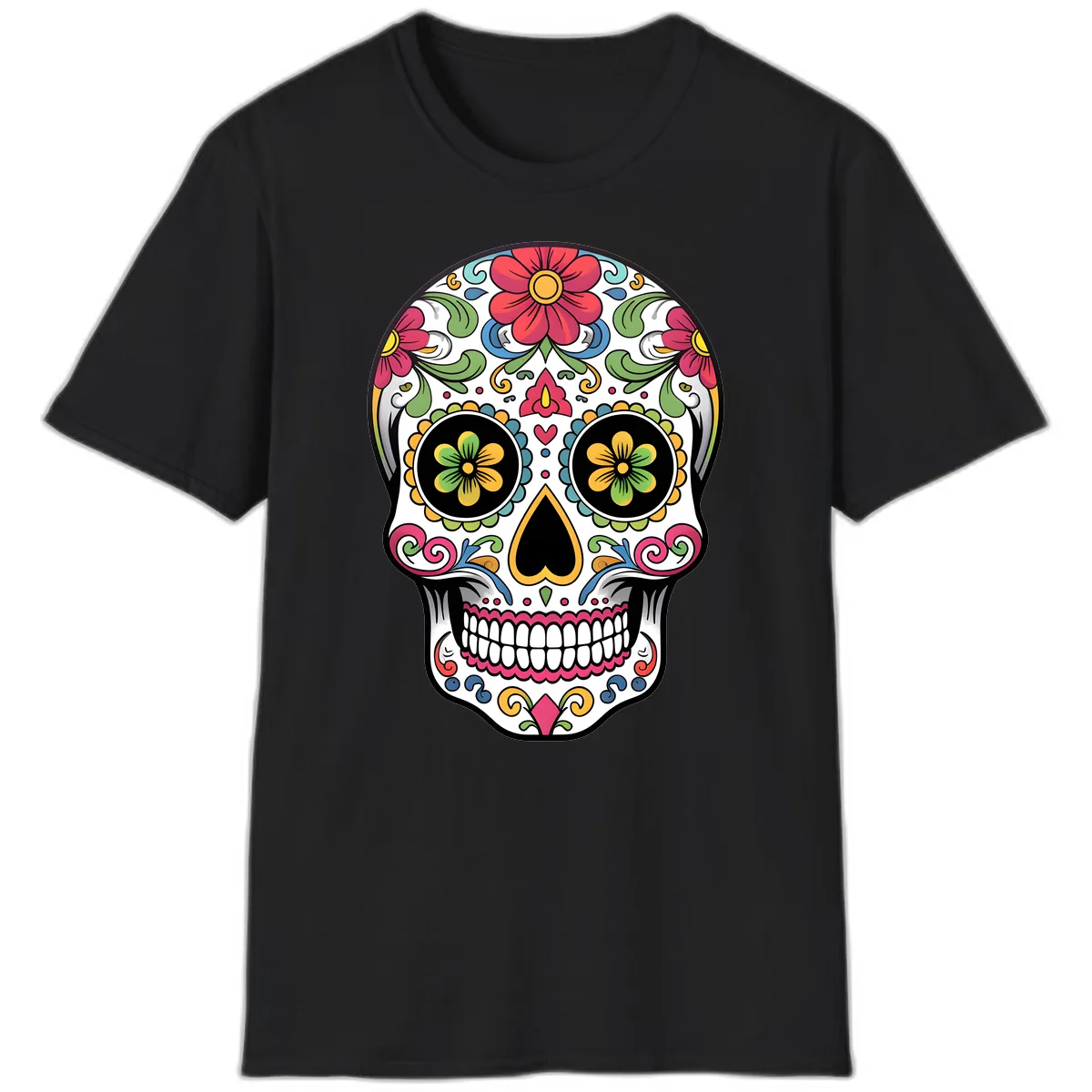 Vibrant Floral Calavera Sugar Skull T-Shirt in Black