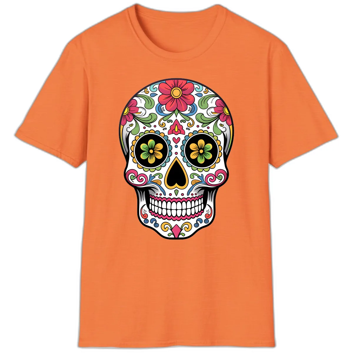 Vibrant Floral Calavera Sugar Skull T-Shirt in Heather Orange
