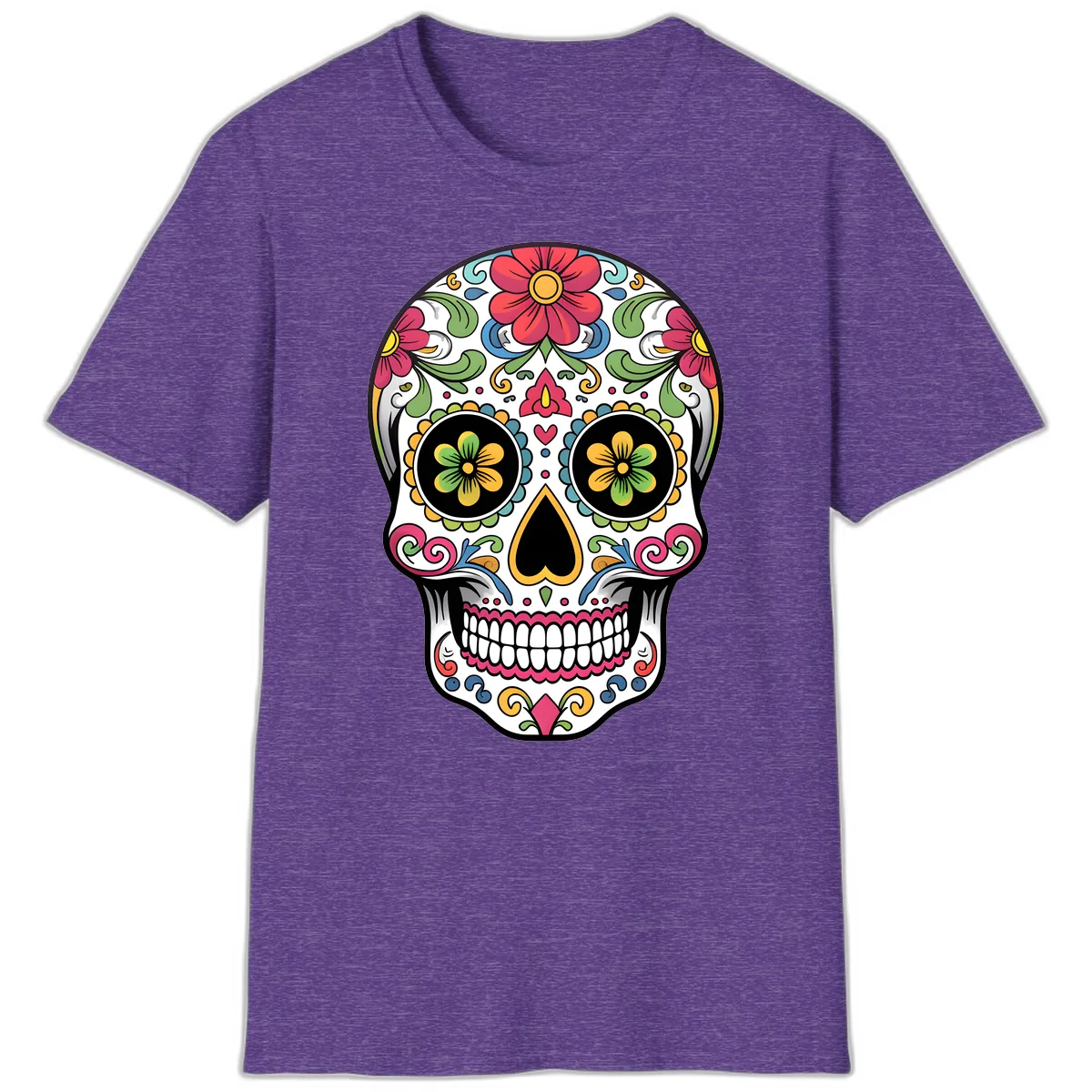 Vibrant Floral Calavera Sugar Skull T-Shirt in Heather Purple