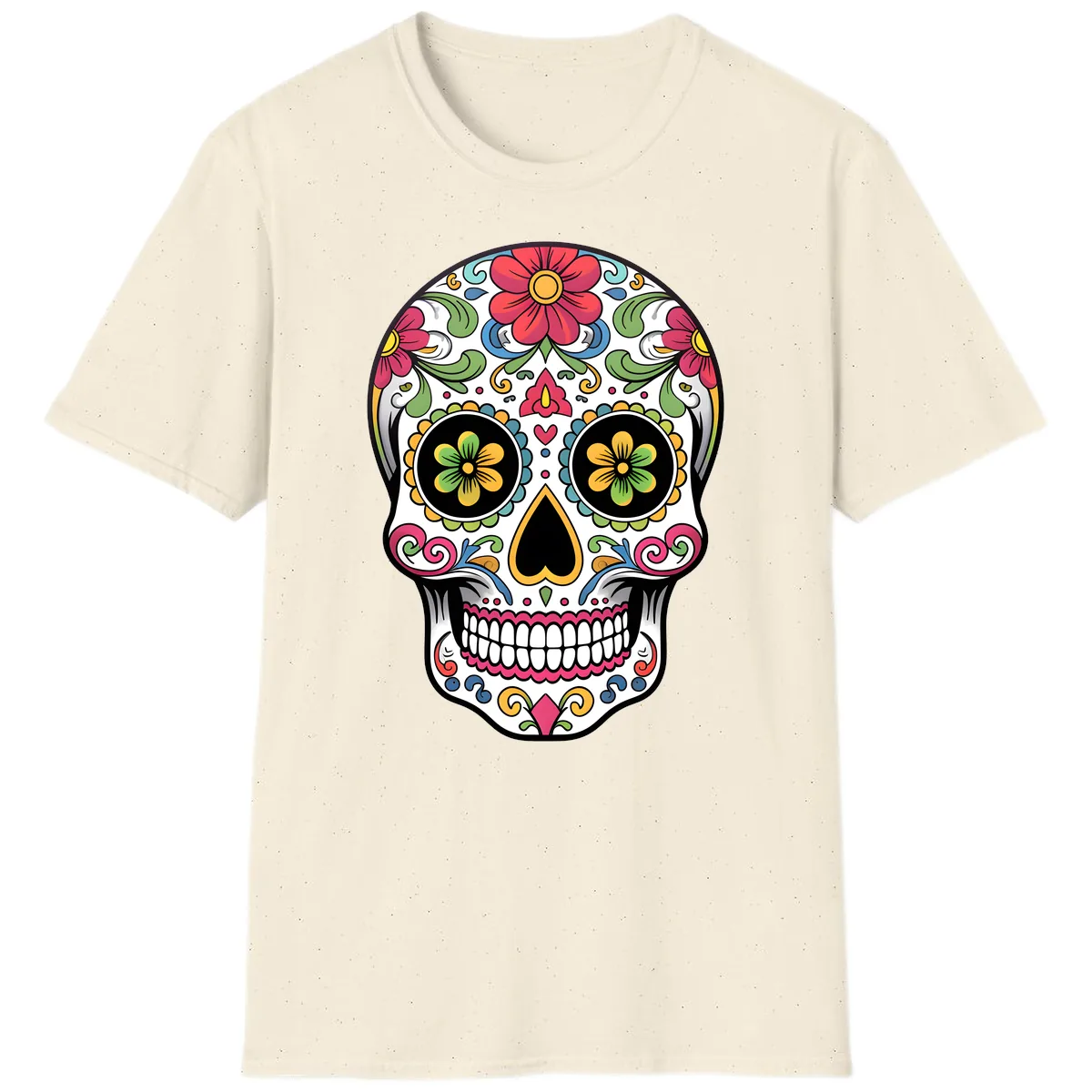 Vibrant Floral Calavera Sugar Skull T-Shirt in Natural