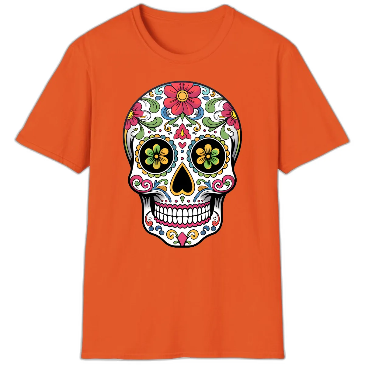 Vibrant Floral Calavera Sugar Skull T-Shirt in Orange