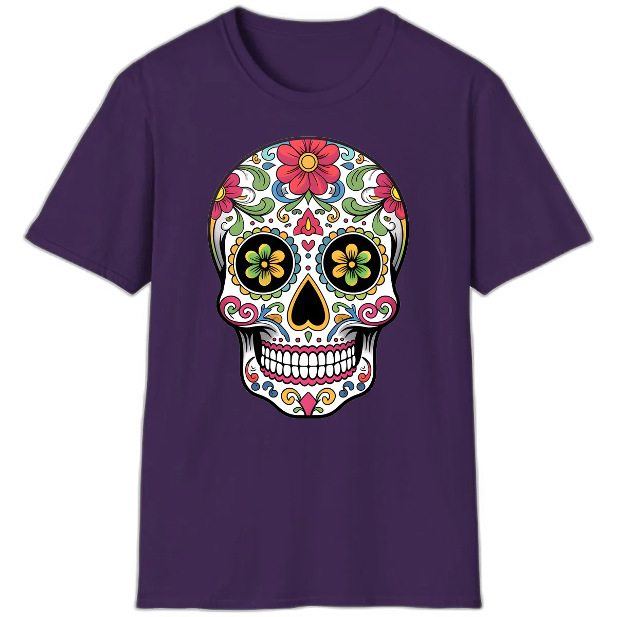 Vibrant Floral Calavera Sugar Skull T-Shirt in Purple