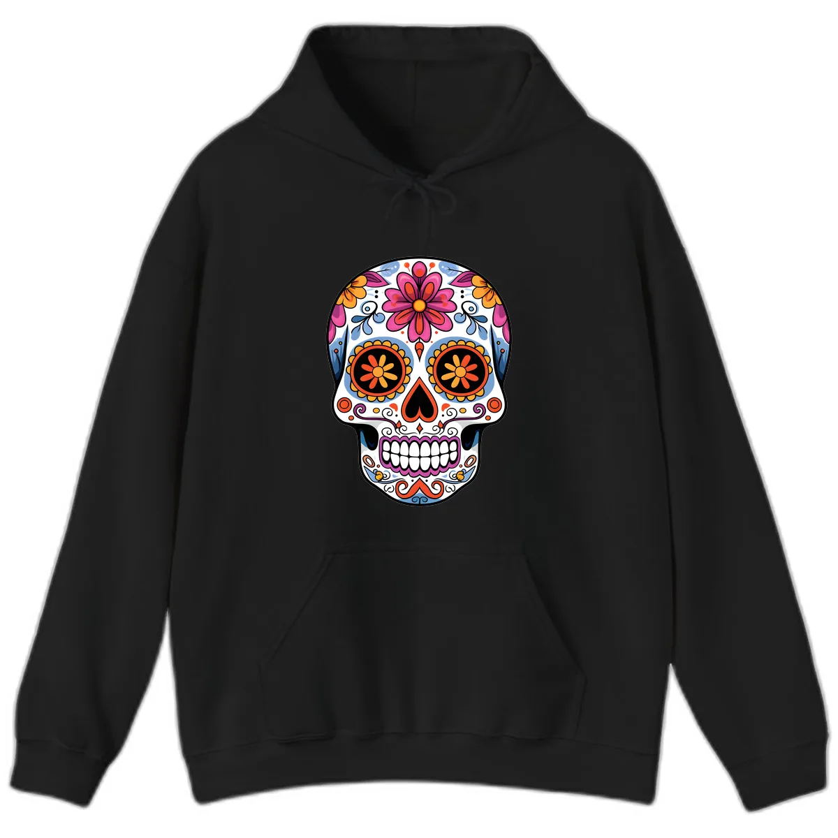 Vibrant Floral Sugar Skull Calavera Hoodie in Black