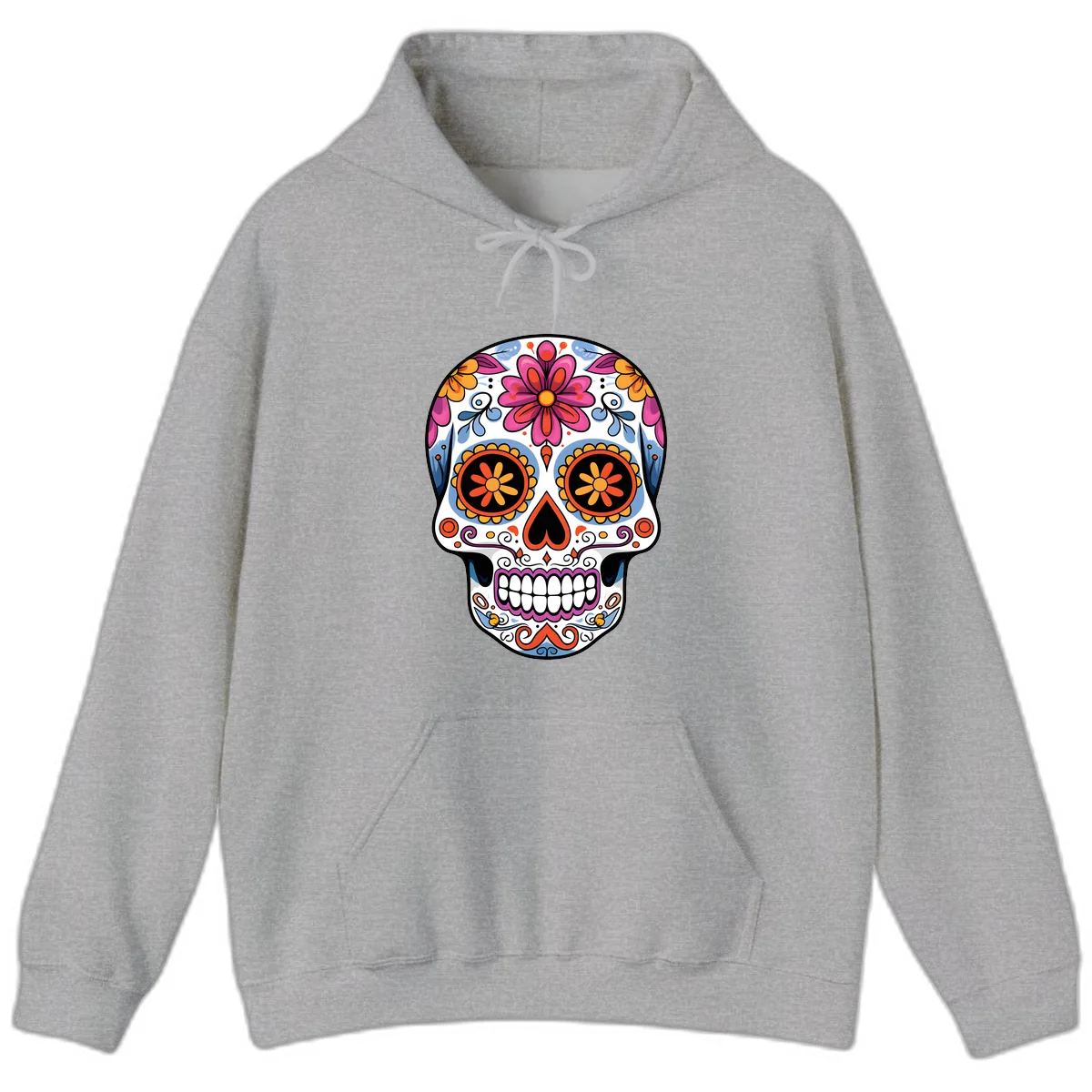 Vibrant Floral Sugar Skull Calavera Hoodie in Sport Grey