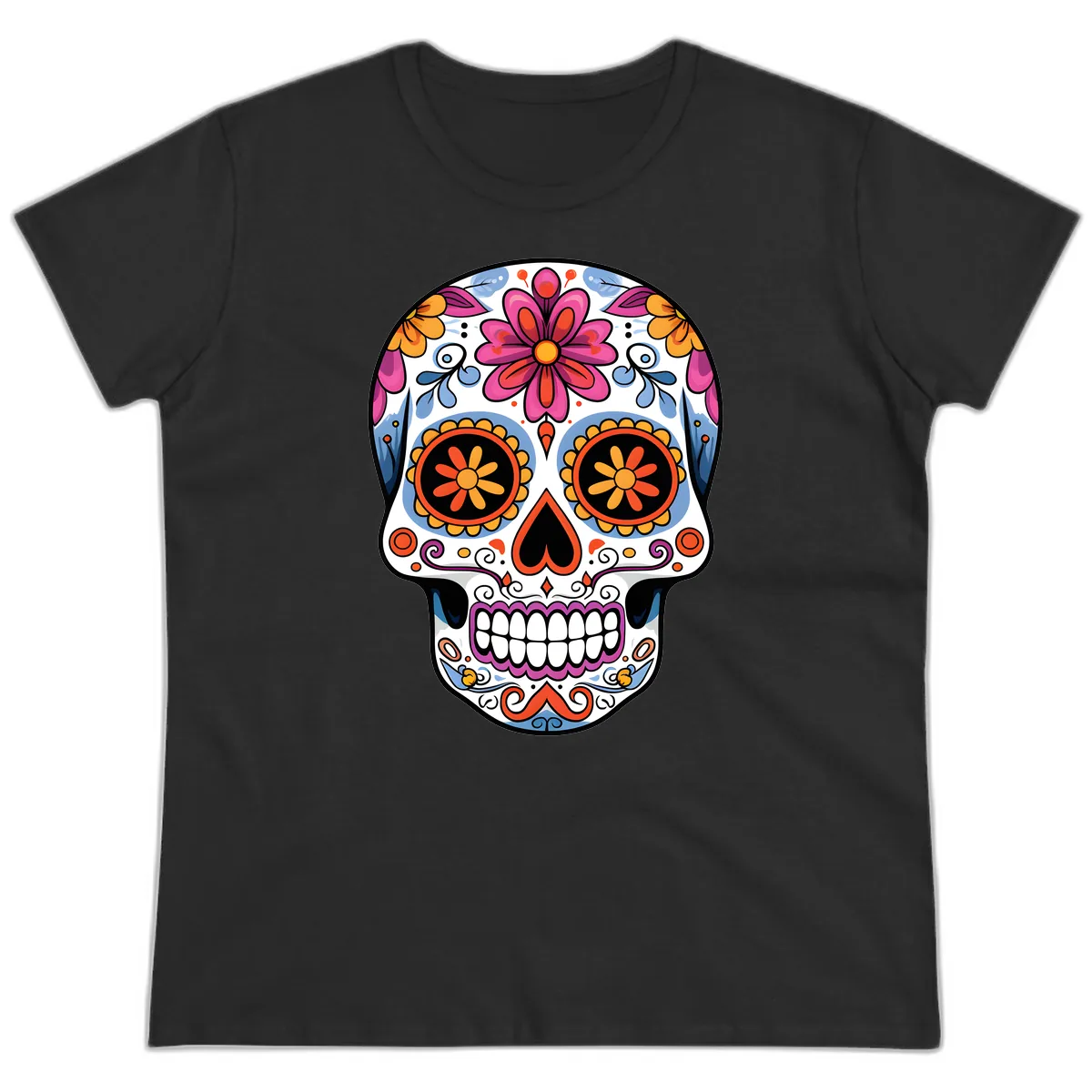 Vibrant Floral Sugar Skull Calavera Ladies Tee in Black