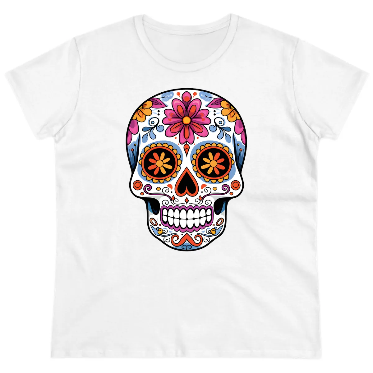 Vibrant Floral Sugar Skull Calavera Ladies Tee in White