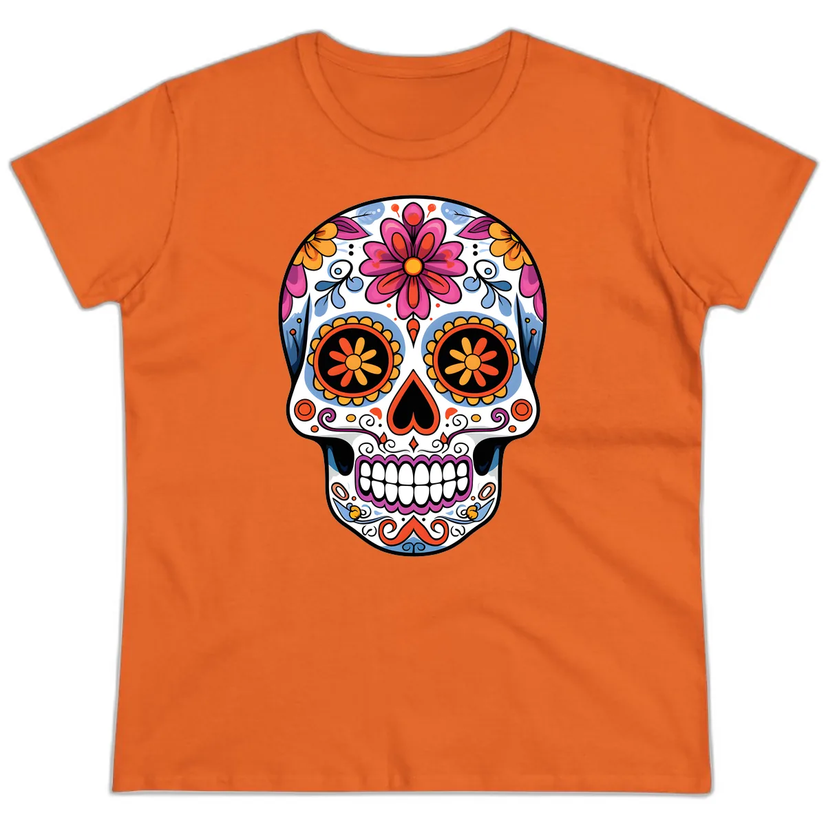Vibrant Floral Sugar Skull Calavera Ladies Tee in Orange