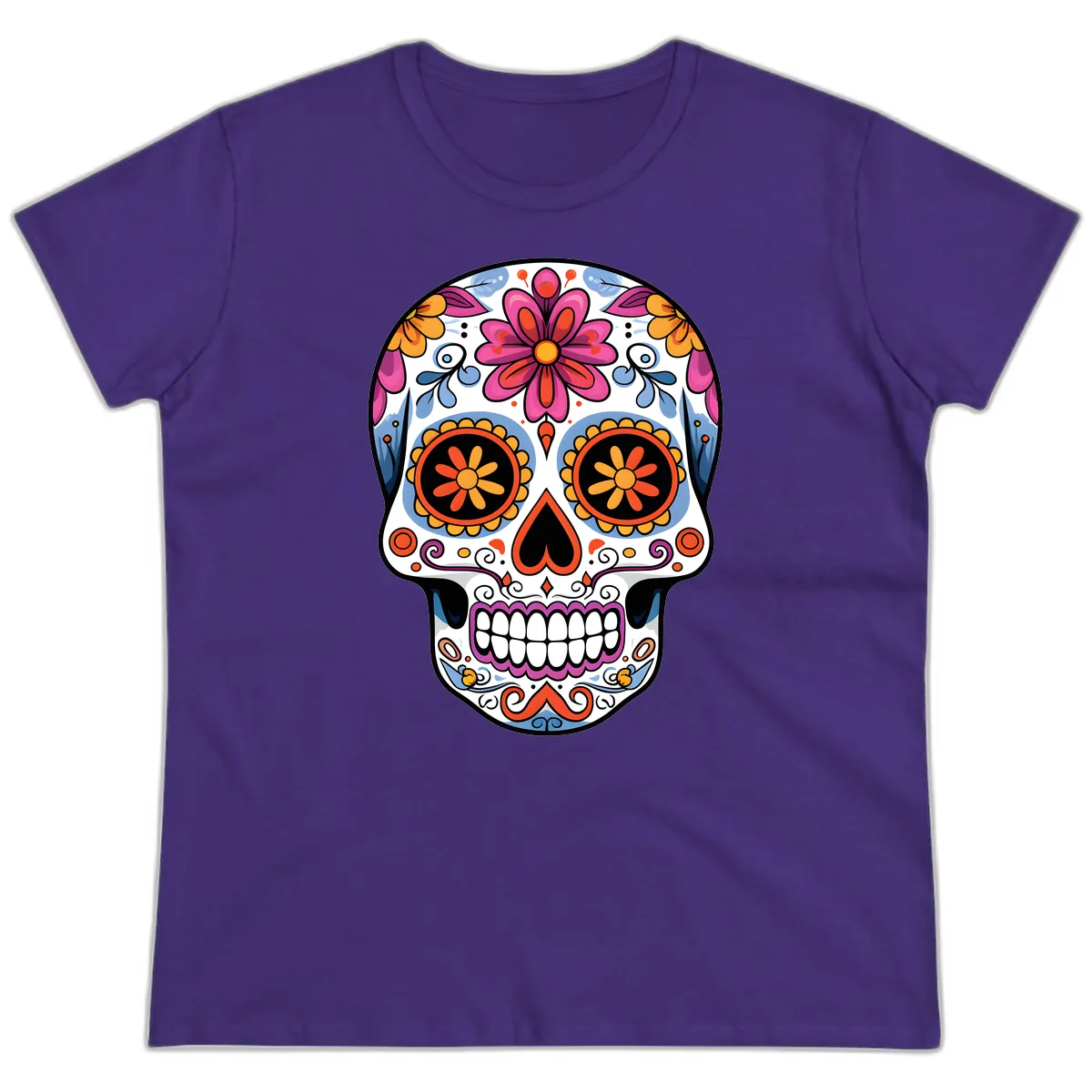 Vibrant Floral Sugar Skull Calavera Ladies Tee in Purple