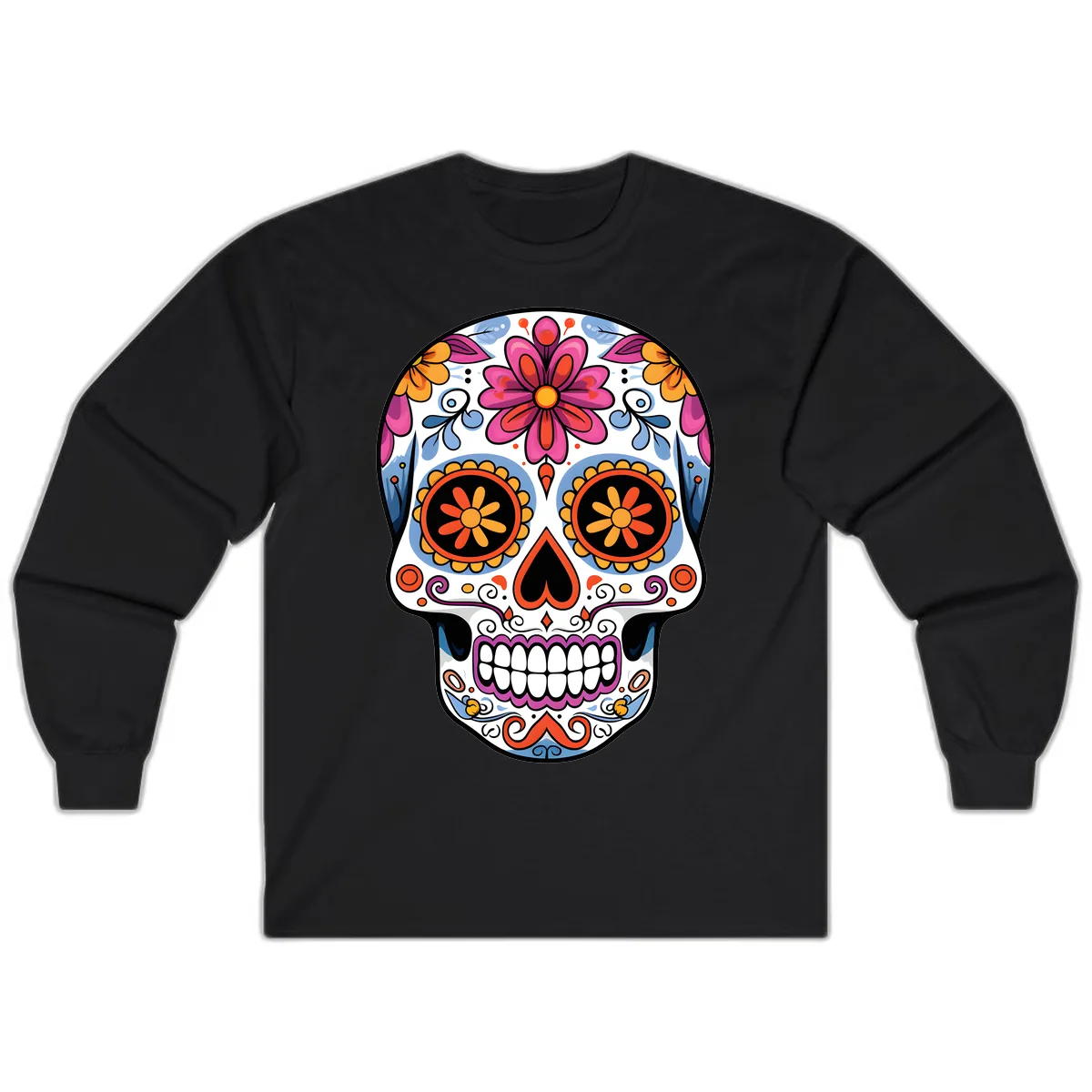 Vibrant Floral Sugar Skull Calavera Long Sleeve in Black