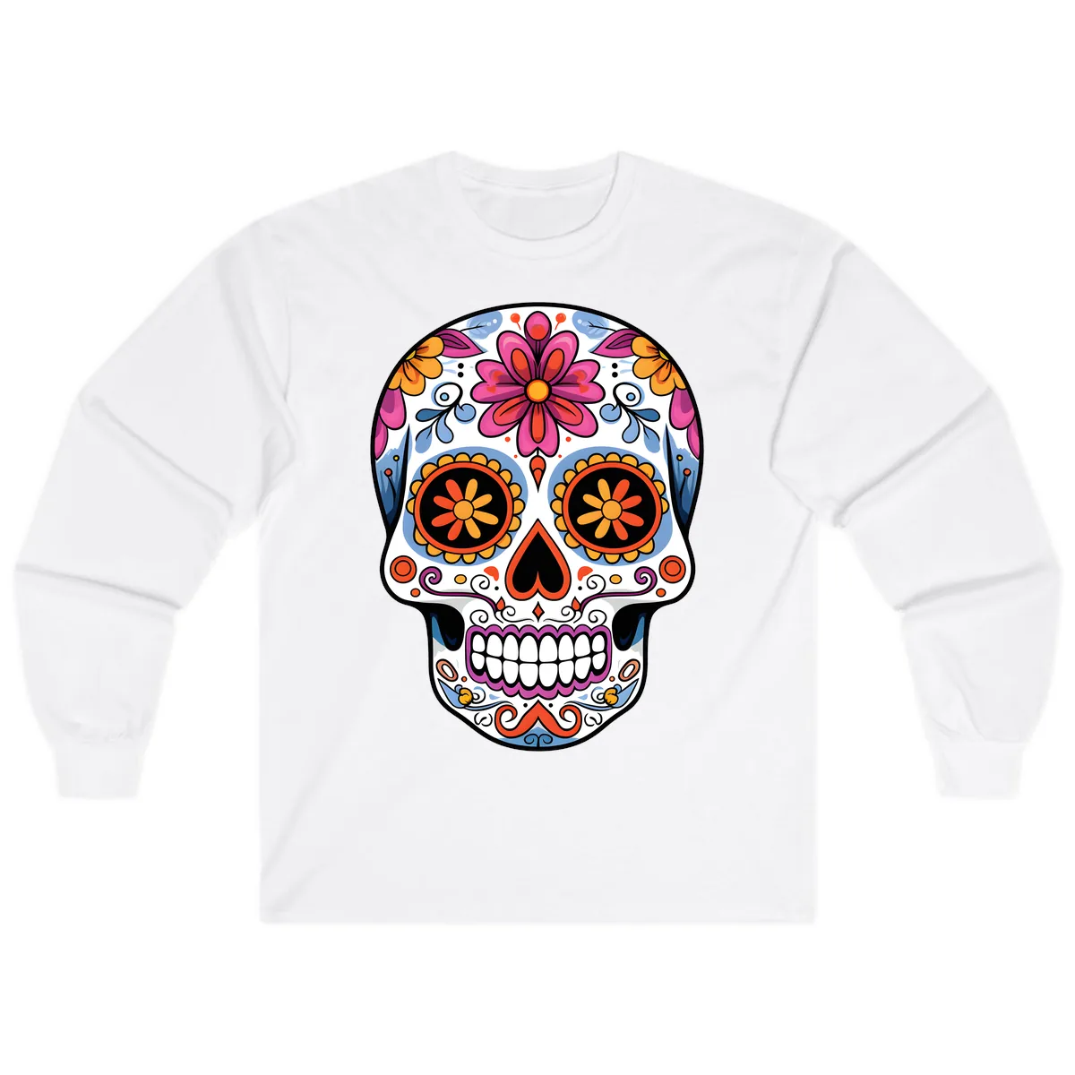 Vibrant Floral Sugar Skull Calavera Long Sleeve in White