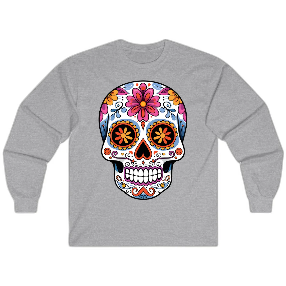 Vibrant Floral Sugar Skull Calavera Long Sleeve in Sport Grey