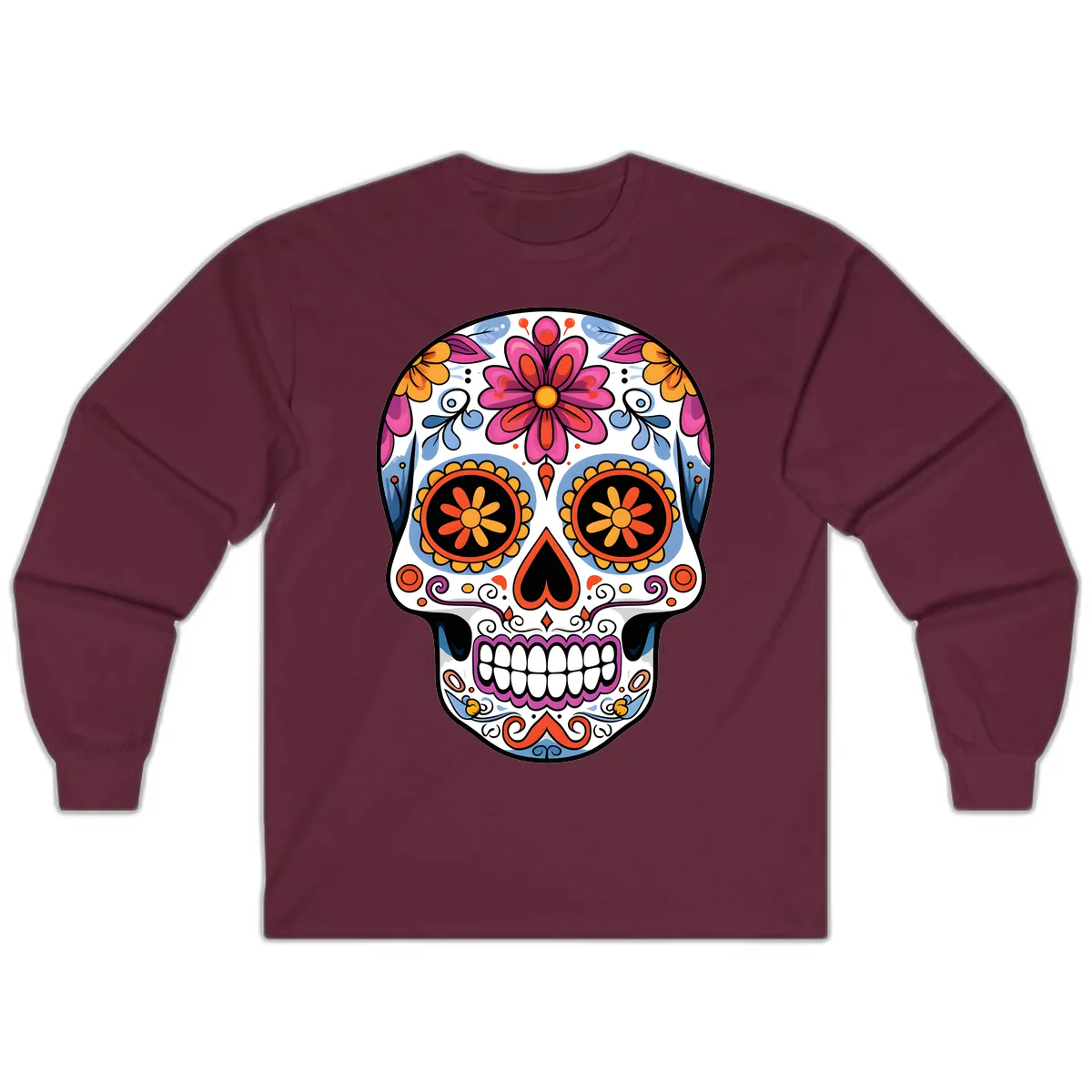 Vibrant Floral Sugar Skull Calavera Long Sleeve in Maroon