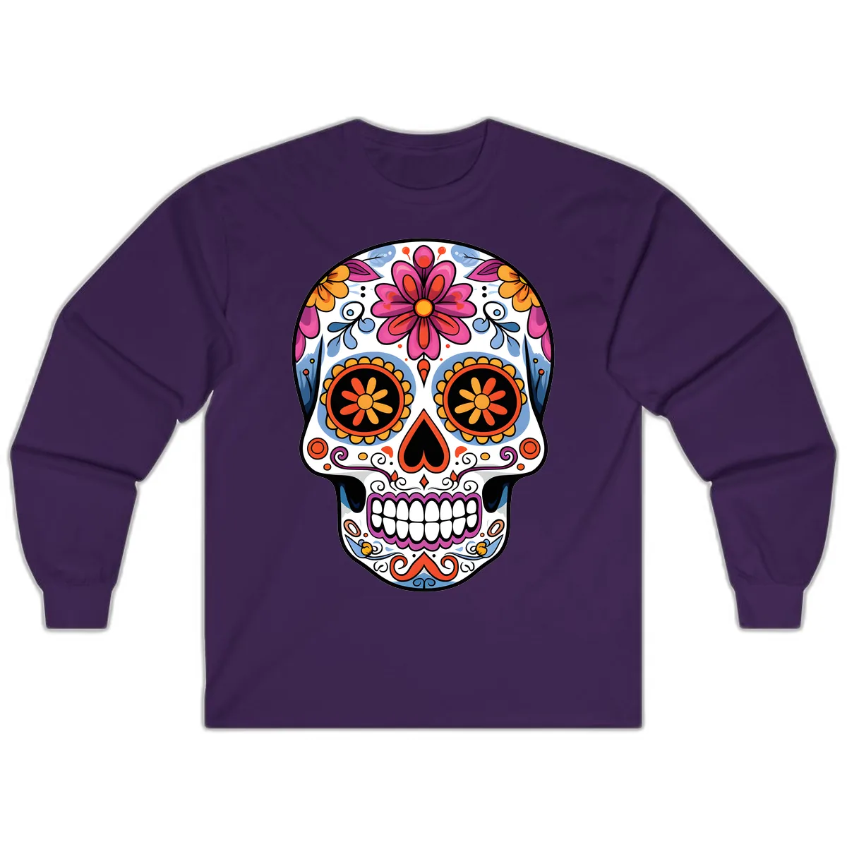 Vibrant Floral Sugar Skull Calavera Long Sleeve in Purple