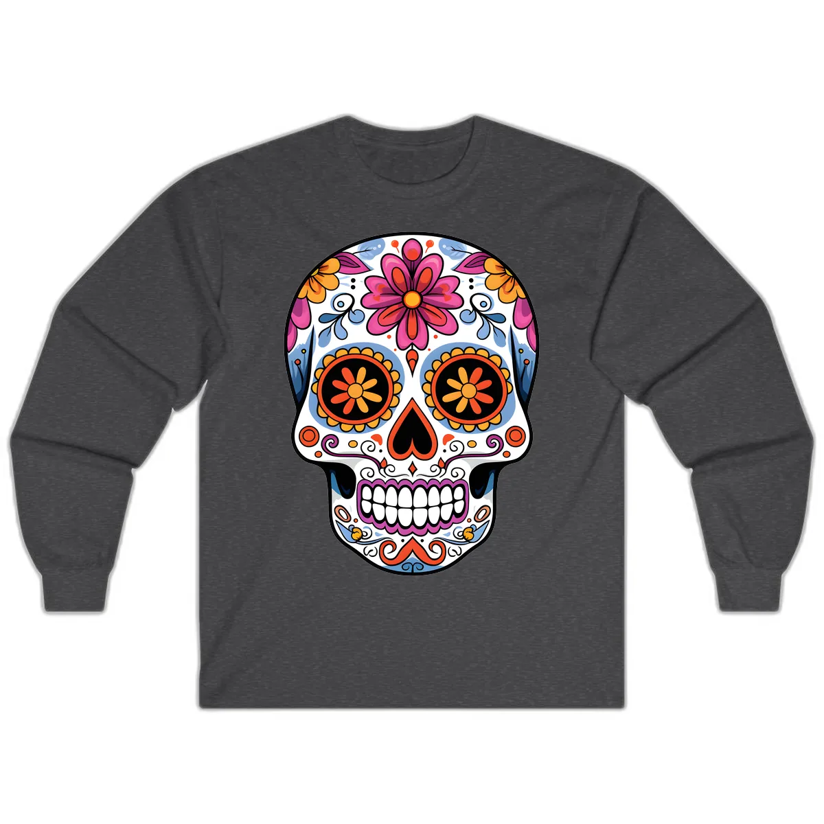 Vibrant Floral Sugar Skull Calavera Long Sleeve in Dark Heather
