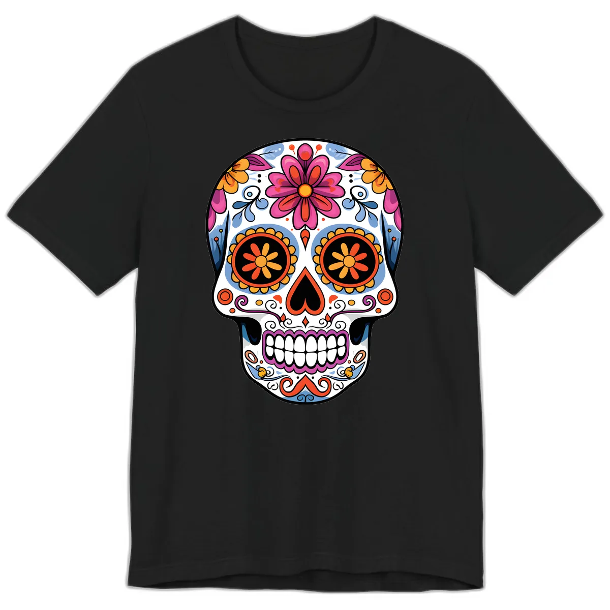 Vibrant Floral Sugar Skull Calavera Premium T-Shirt in Black