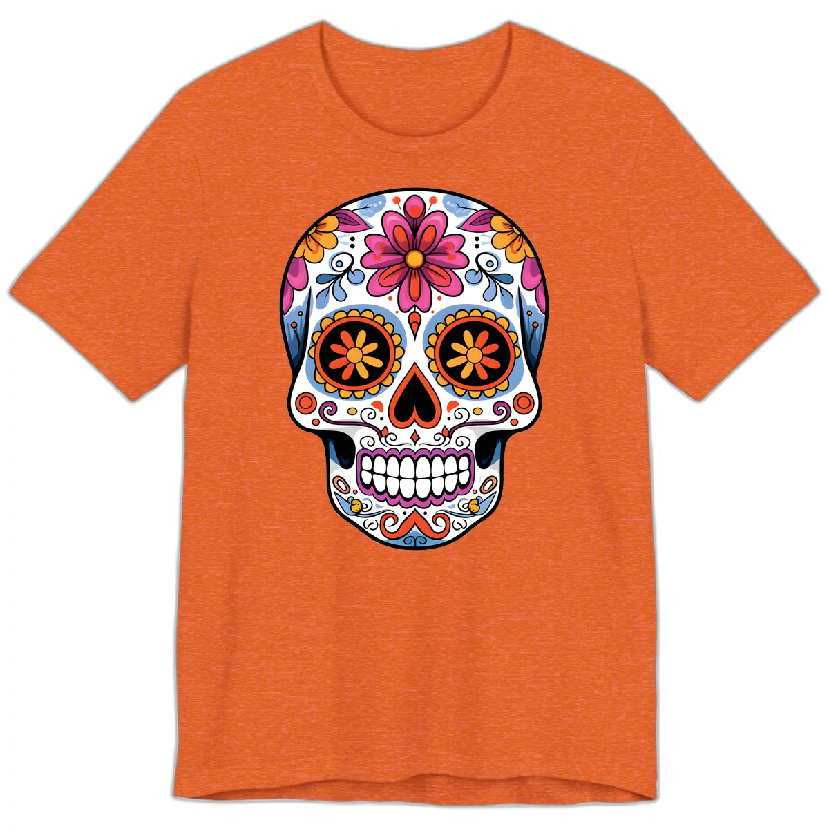 Vibrant Floral Sugar Skull Calavera Premium T-Shirt in Heather Orange