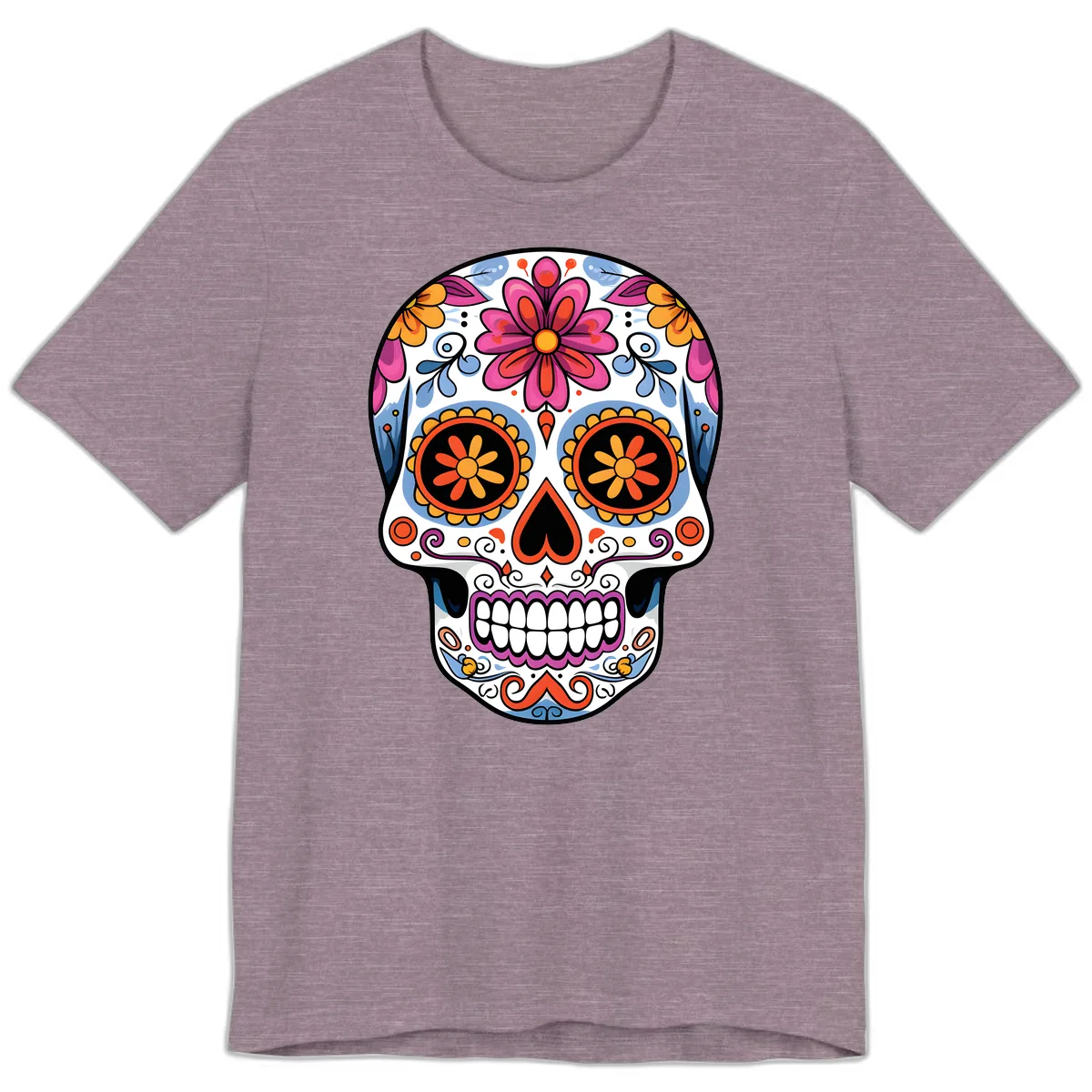 Vibrant Floral Sugar Skull Calavera Premium T-Shirt in Heather Purple