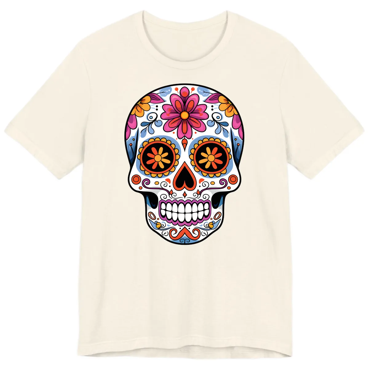 Vibrant Floral Sugar Skull Calavera Premium T-Shirt in Natural