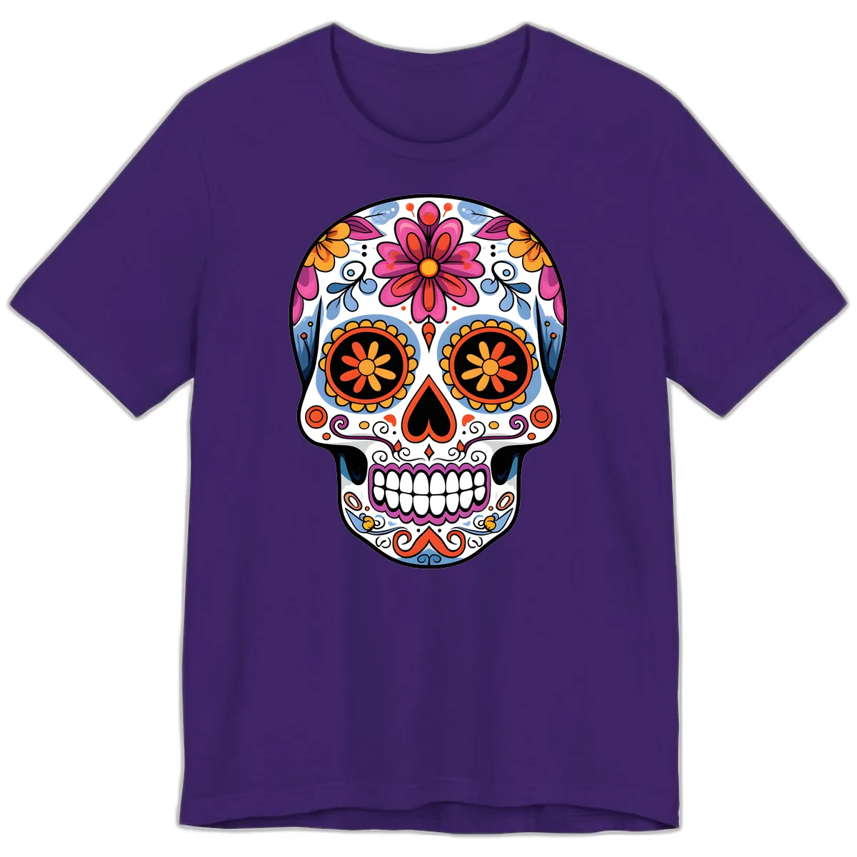 Vibrant Floral Sugar Skull Calavera Premium T-Shirt in Team Purple
