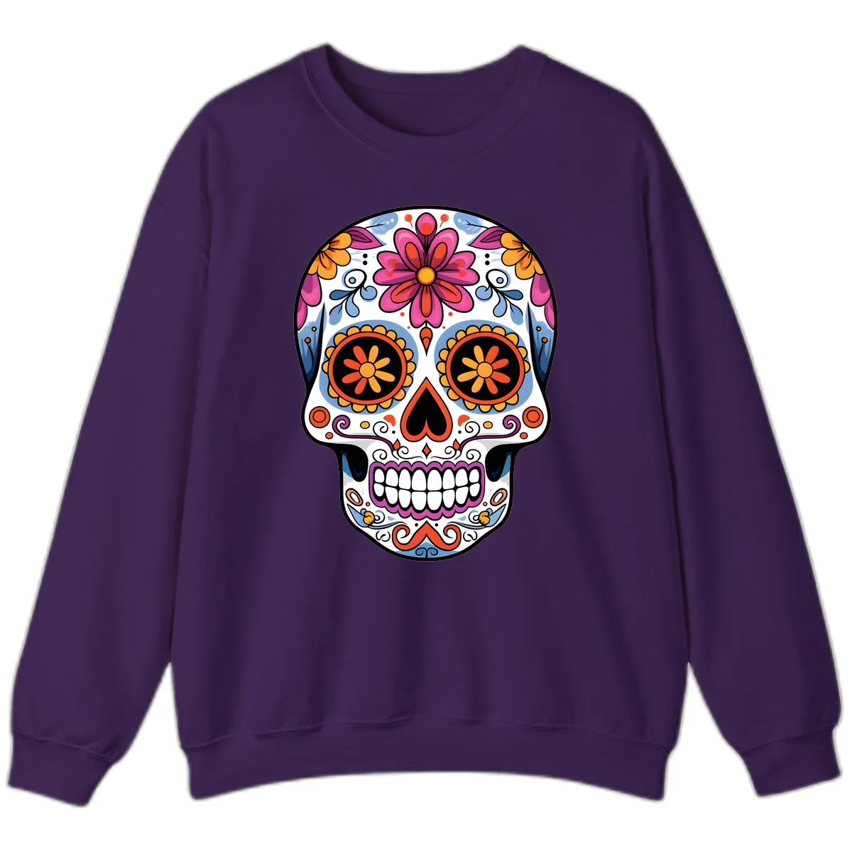 Vibrant Floral Sugar Skull Calavera Sweatshirt in Purple