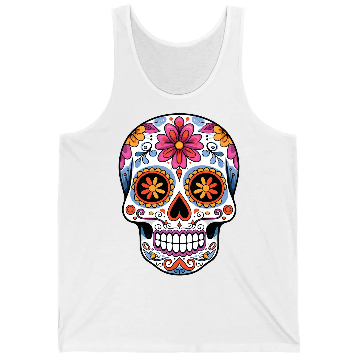 Vibrant Floral Sugar Skull Calavera Tank in White