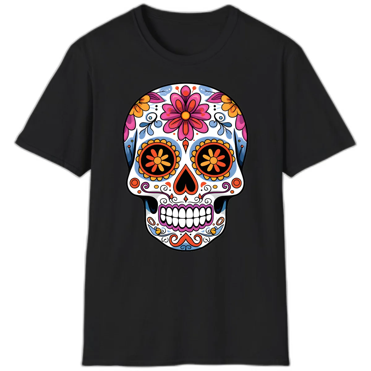 Vibrant Floral Sugar Skull Calavera T-Shirt in Black