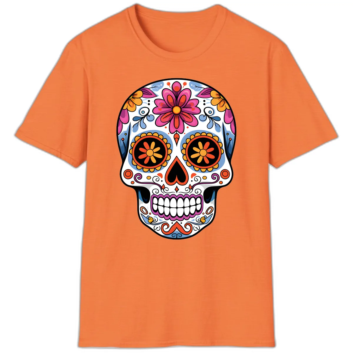 Vibrant Floral Sugar Skull Calavera T-Shirt in Heather Orange