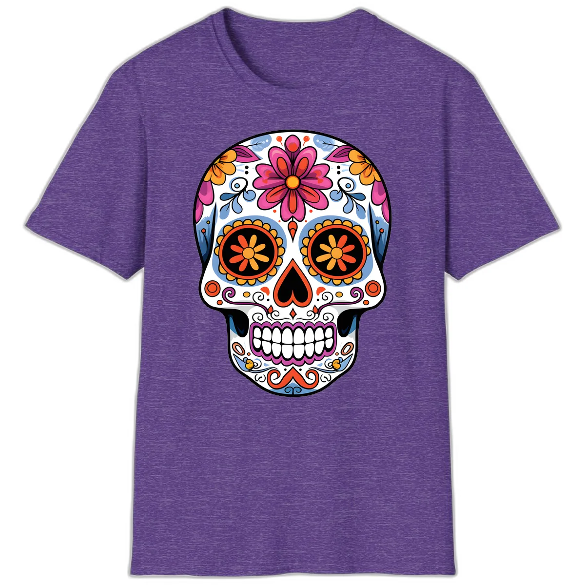 Vibrant Floral Sugar Skull Calavera T-Shirt in Heather Purple