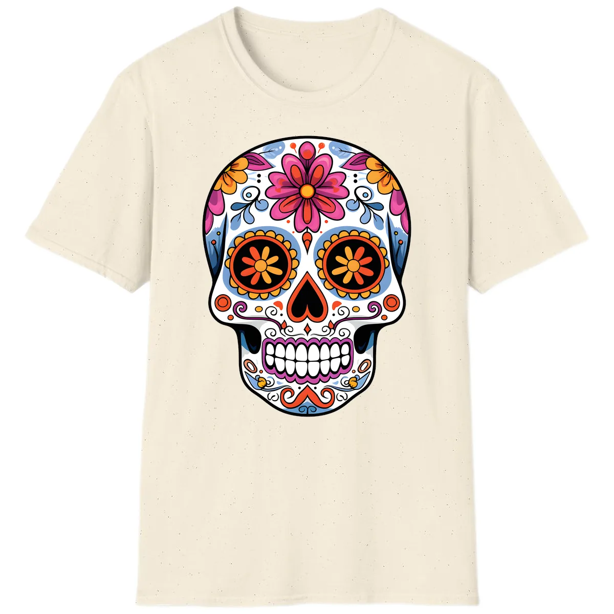 Vibrant Floral Sugar Skull Calavera T-Shirt in Natural