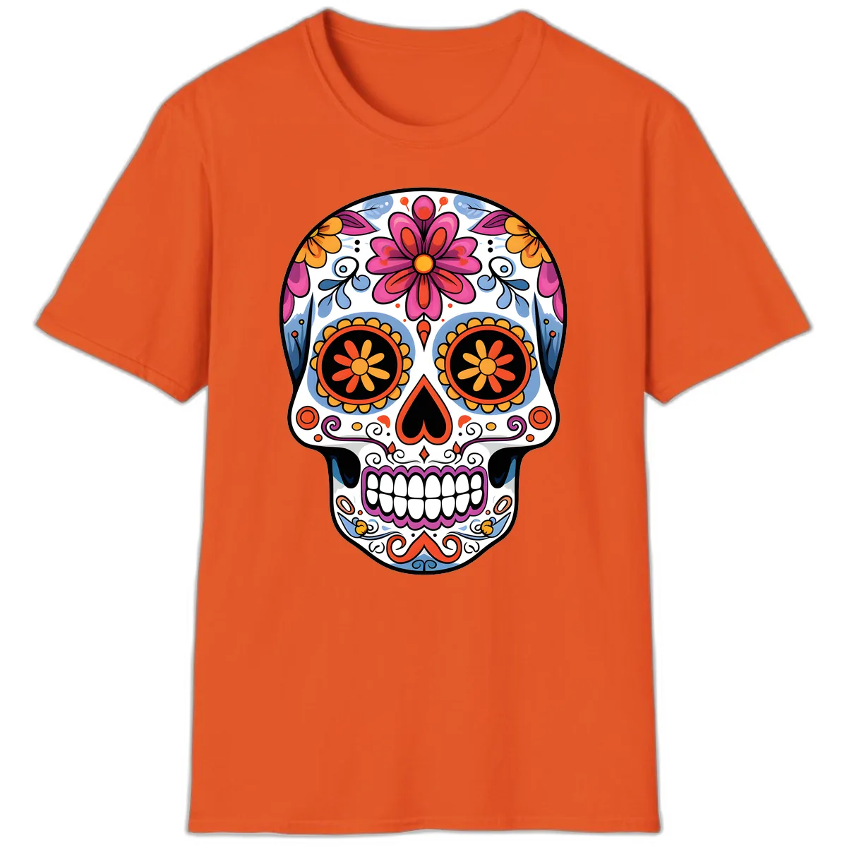 Vibrant Floral Sugar Skull Calavera T-Shirt in Orange