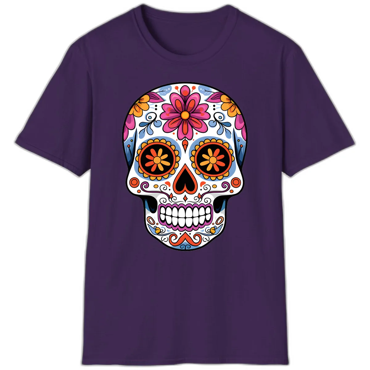 Vibrant Floral Sugar Skull Calavera T-Shirt in Purple