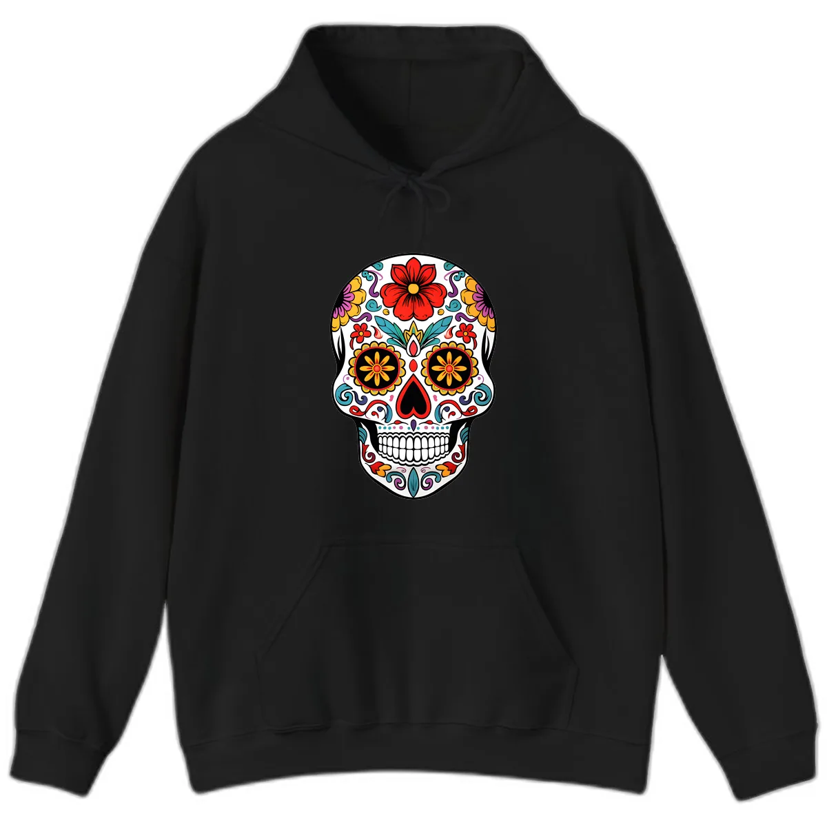 Vibrant Floral Calavera Sugar Skull Hoodie in Black