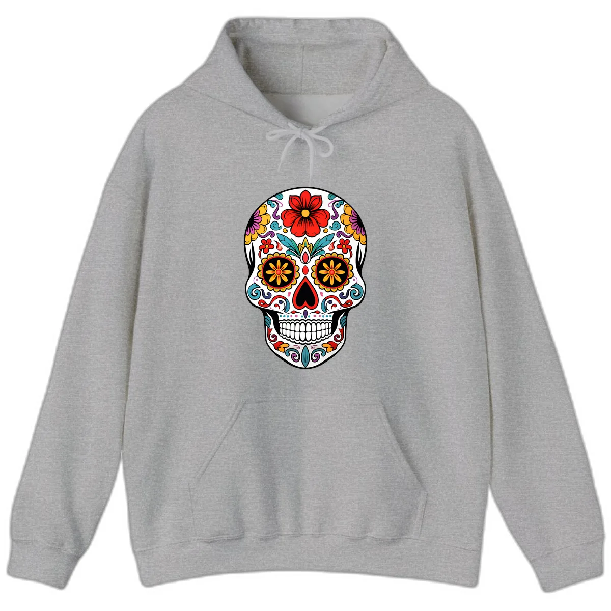 Vibrant Floral Calavera Sugar Skull Hoodie in Sport Grey