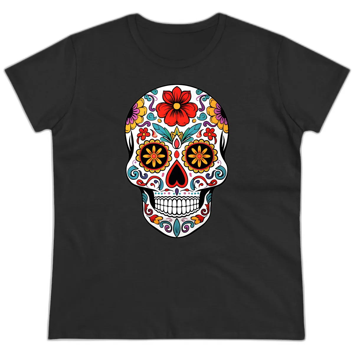 Vibrant Floral Calavera Sugar Skull Ladies Tee in Black