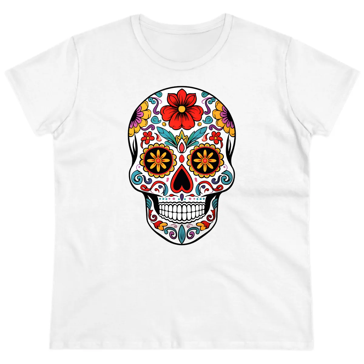 Vibrant Floral Calavera Sugar Skull Ladies Tee in White