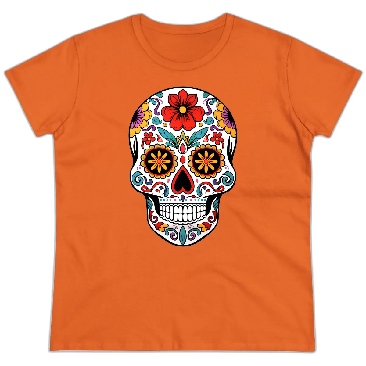 Vibrant Floral Calavera Sugar Skull Ladies Tee in Orange