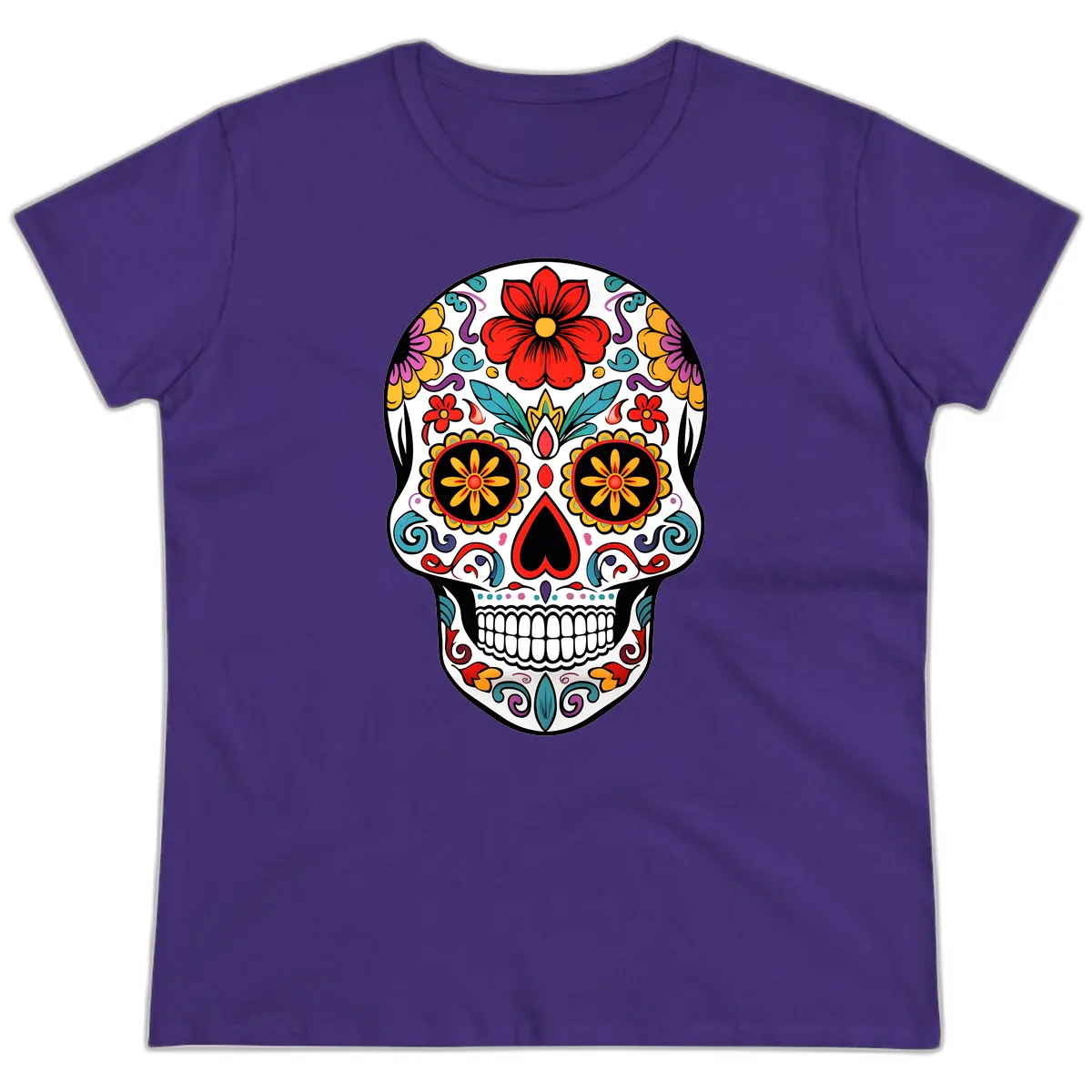 Vibrant Floral Calavera Sugar Skull Ladies Tee in Purple