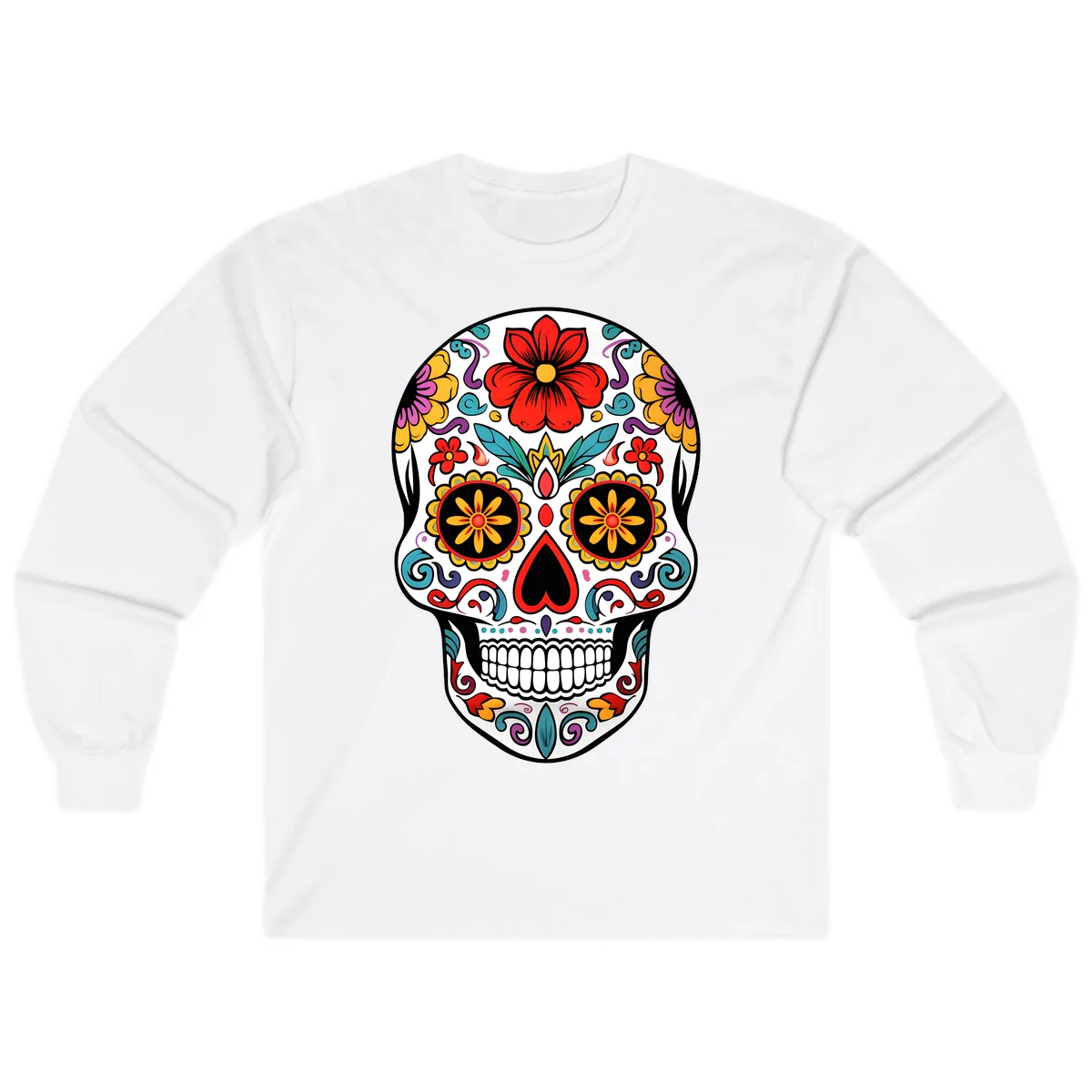 Vibrant Floral Calavera Sugar Skull Long Sleeve in White