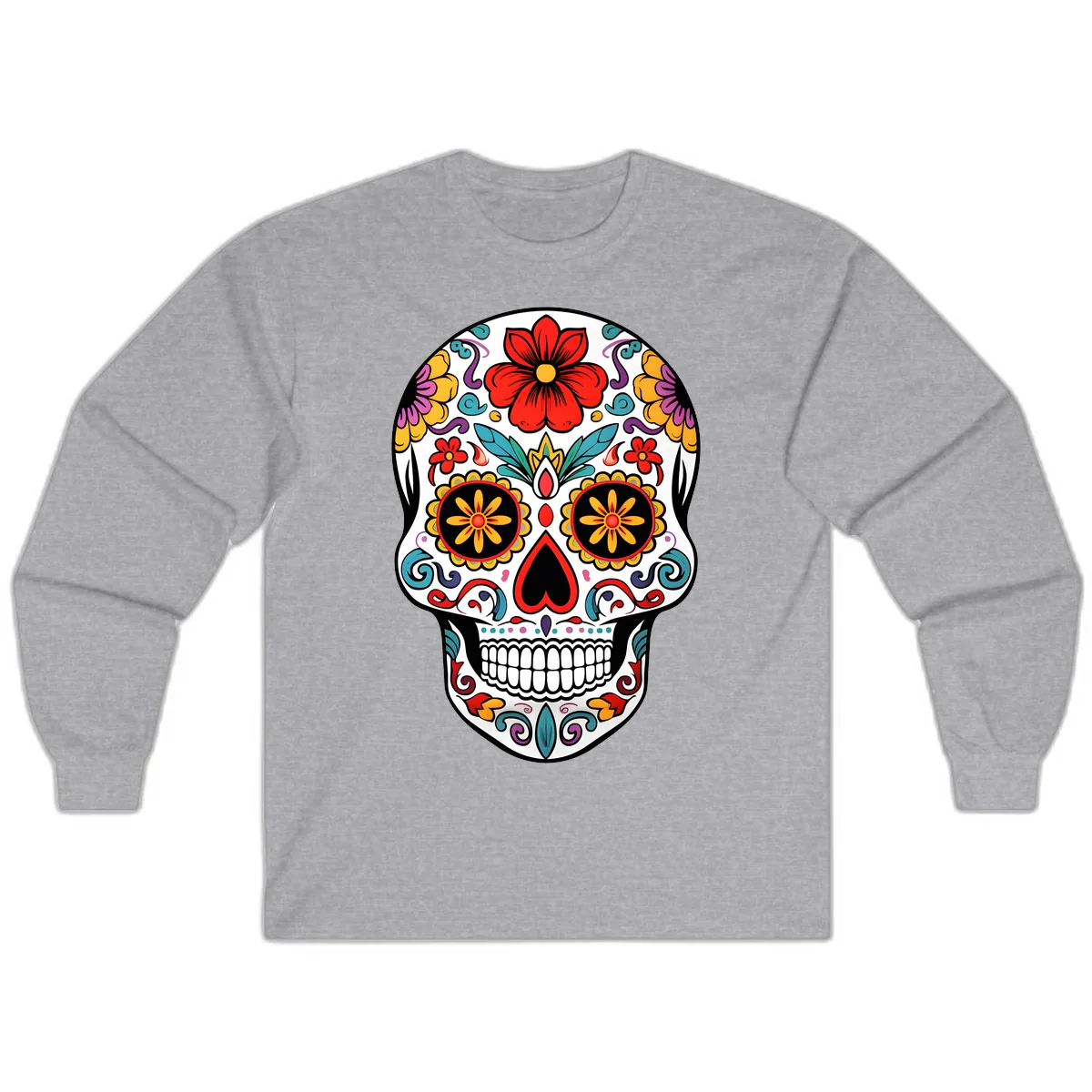 Vibrant Floral Calavera Sugar Skull Long Sleeve in Sport Grey