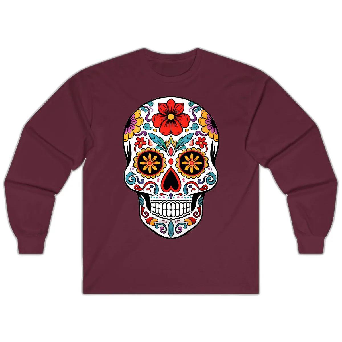 Vibrant Floral Calavera Sugar Skull Long Sleeve in Maroon