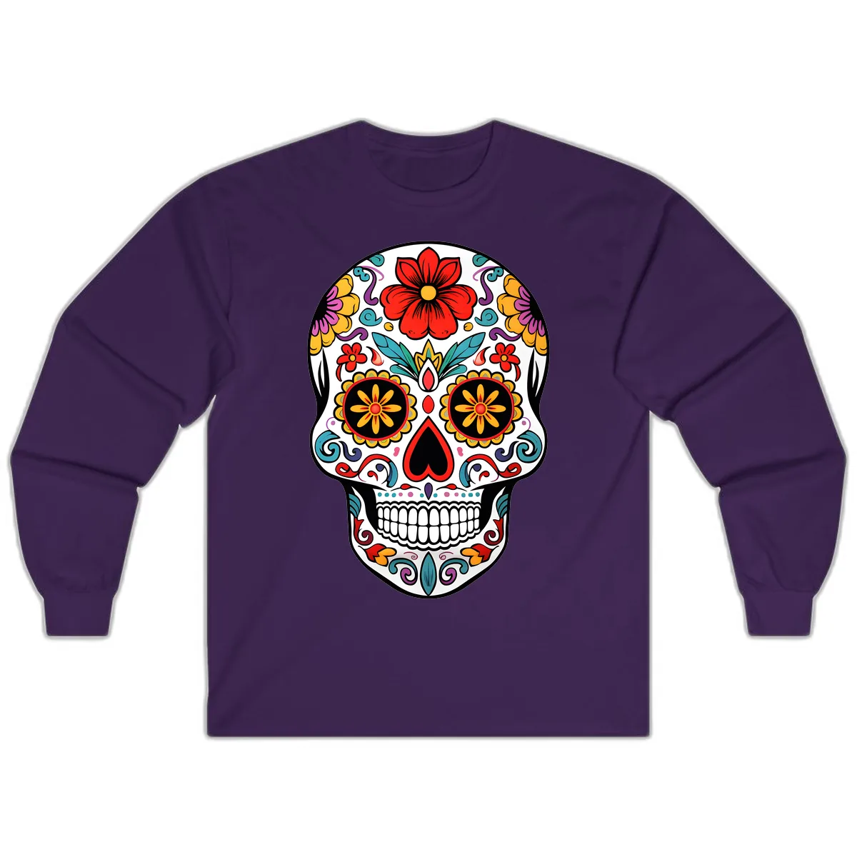 Vibrant Floral Calavera Sugar Skull Long Sleeve in Purple