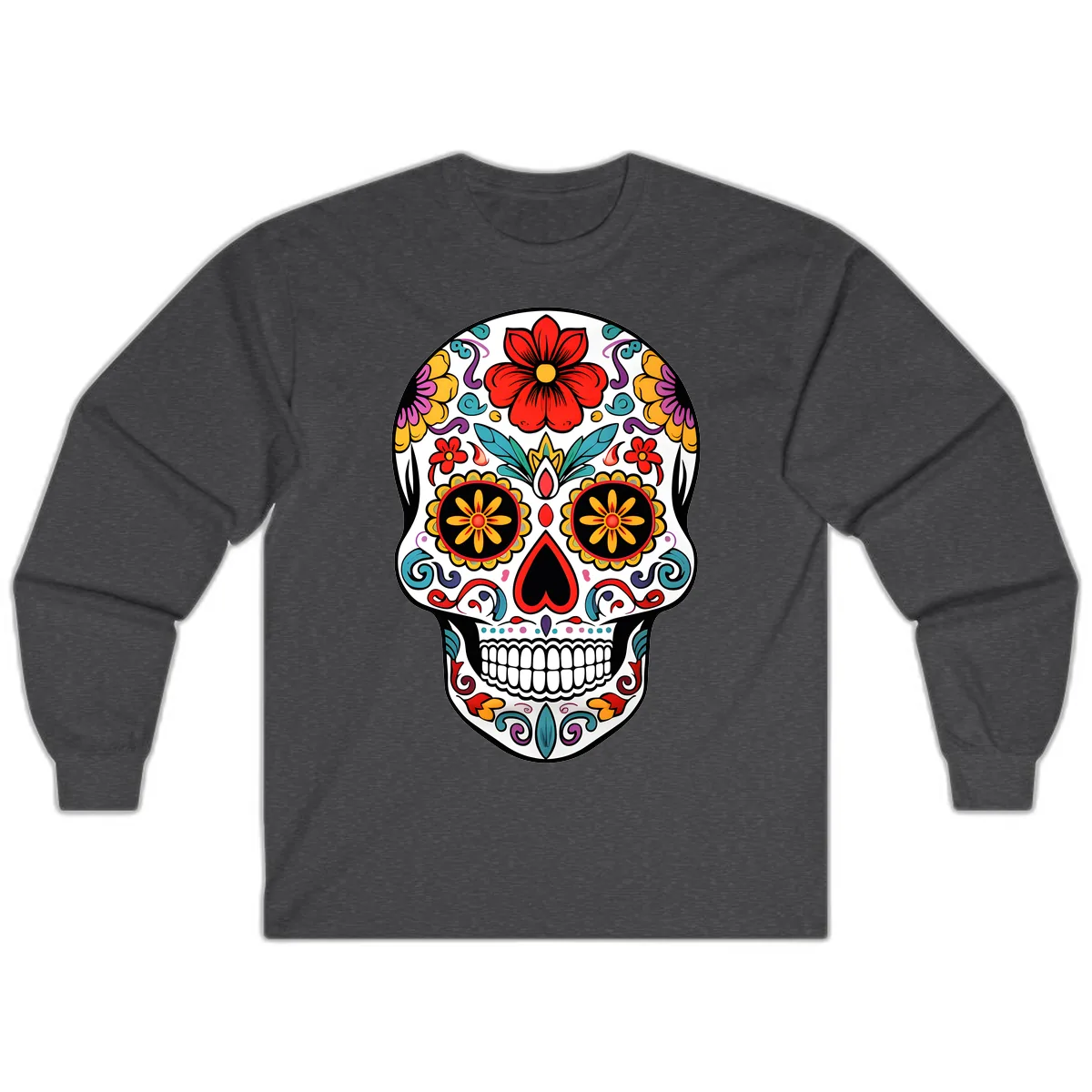 Vibrant Floral Calavera Sugar Skull Long Sleeve in Dark Heather