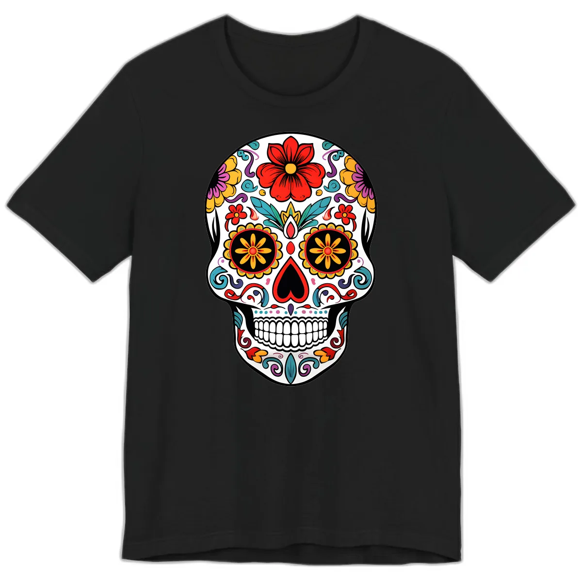 Vibrant Floral Calavera Sugar Skull Premium T-Shirt in Black